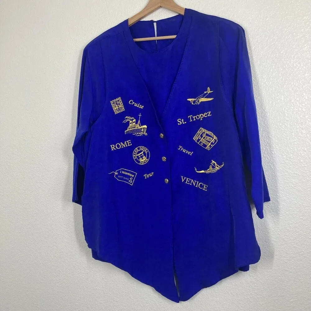 Vintage Strictly Silk Shirt Womens Medium Travel Embroidered Rome Venice St - Picture 4 of 16